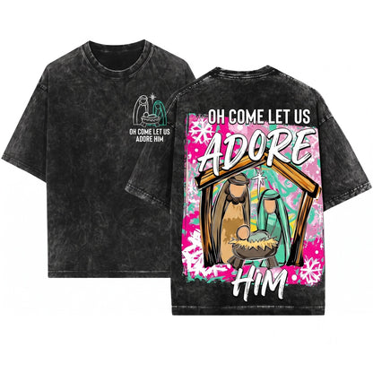 Colorful Distressed Christian Jesus Nativity Scene Oh Come Let Us Adore Him Christmas Unisex Wash T-Shirt