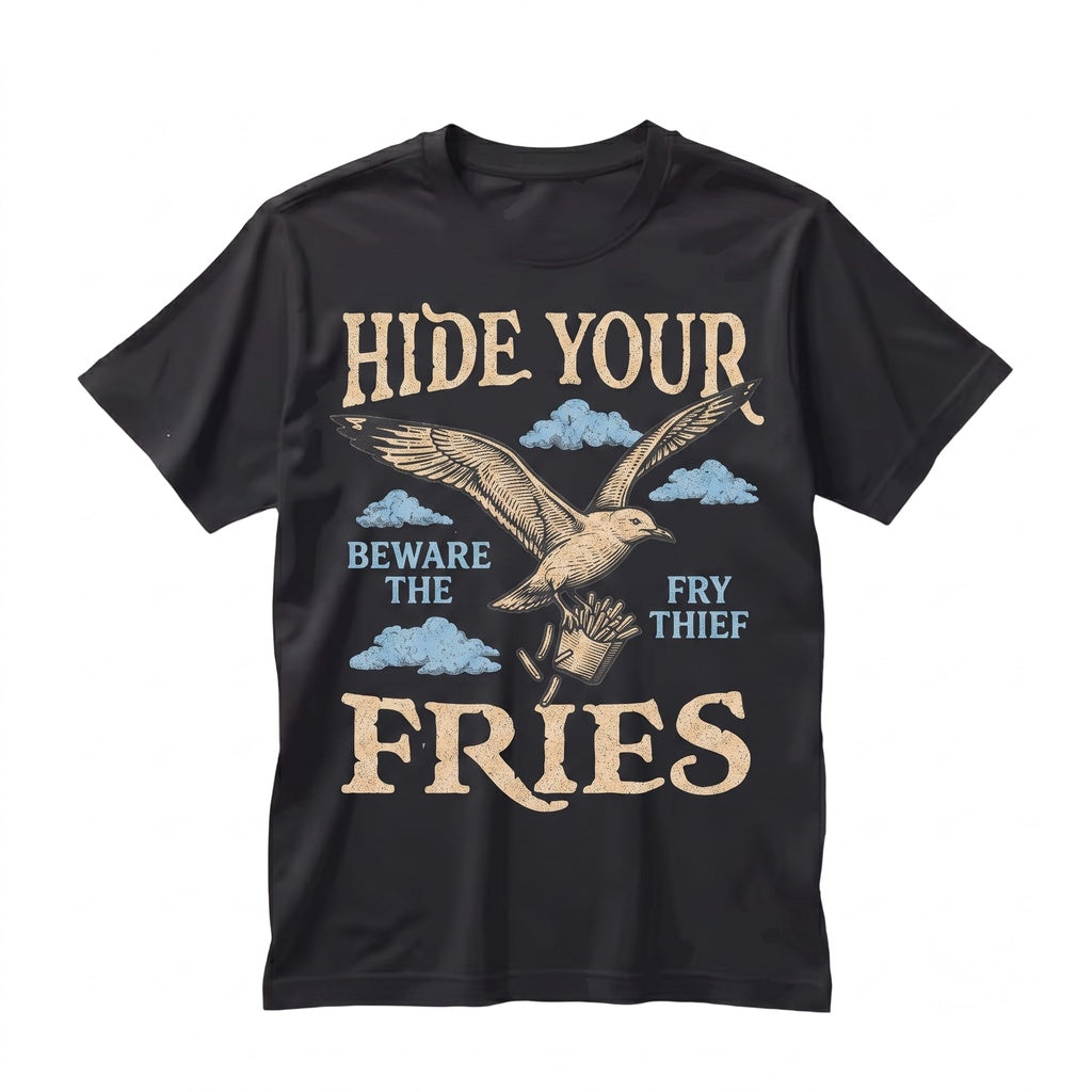 Hide Your Fries Seagull Graphic Funny Bird Foodie Beach Humor Cotton Unisex TShirt