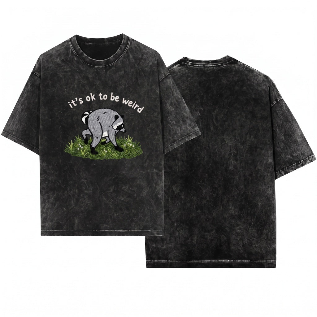 Embroidered Funny Raccoon Trash Panda Quirky Nature Lover Gift Graphic Apparel Unisex Wash T-Shirt