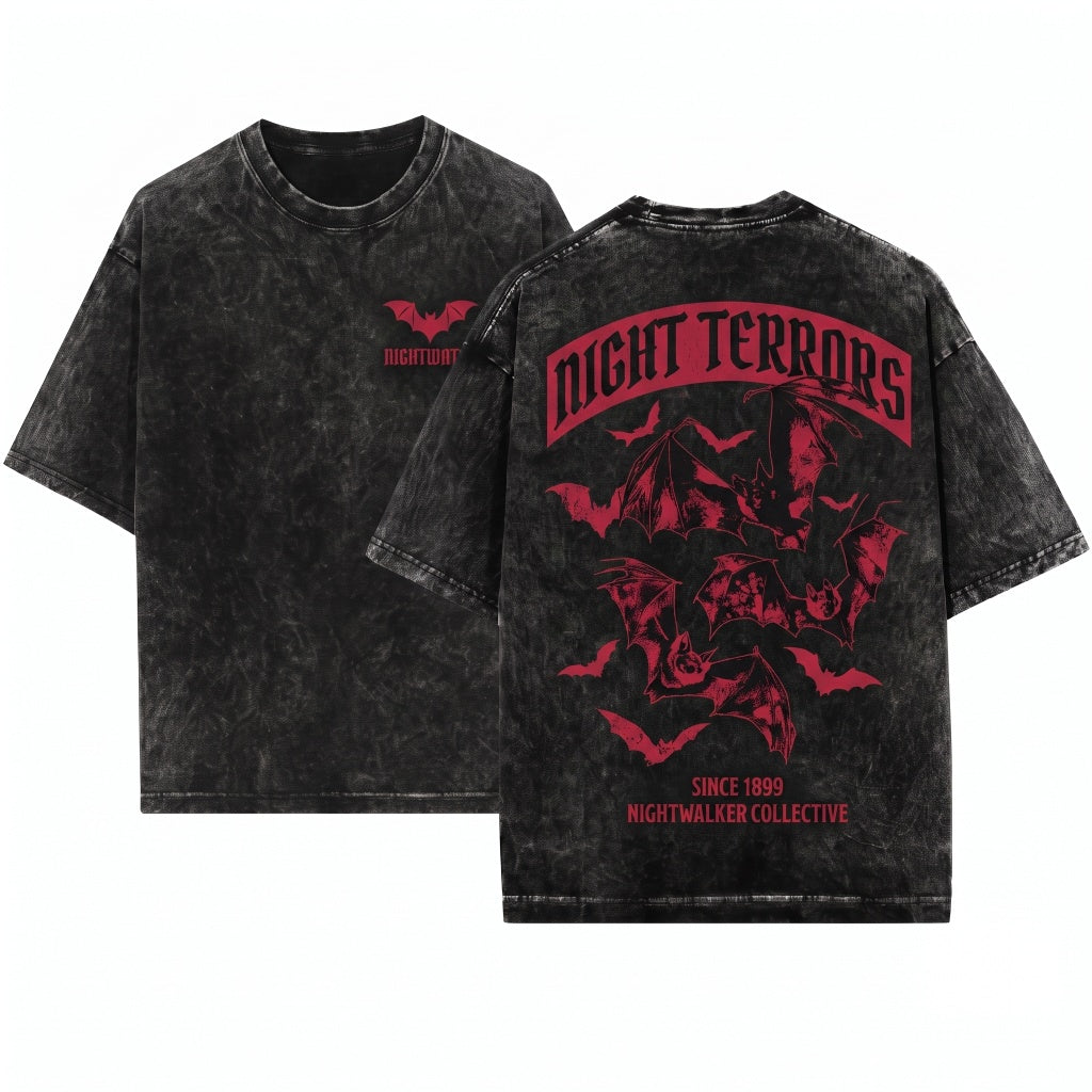 Three Bats Vintage 90s Y2K Retro Gothic Grunge Dark Art Horror Unisex Wash T-Shirt