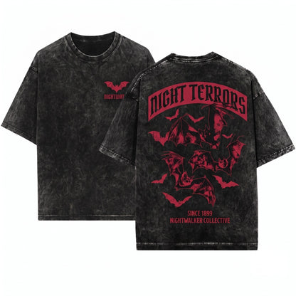 Three Bats Vintage 90s Y2K Retro Gothic Grunge Dark Art Horror Unisex Wash T-Shirt