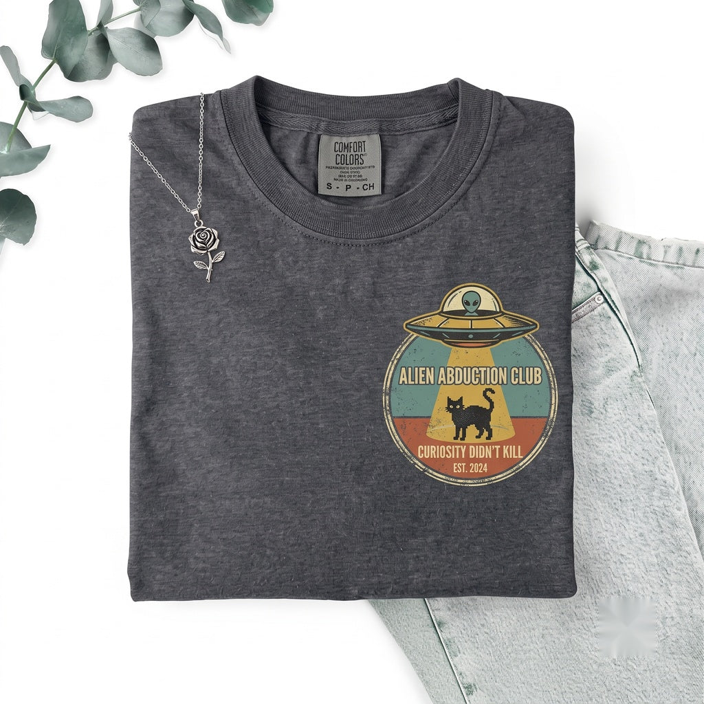 Alien UFO Spaceship Cat Abduction Embroidered Graphic Funny Vintage Unisex TShirt
