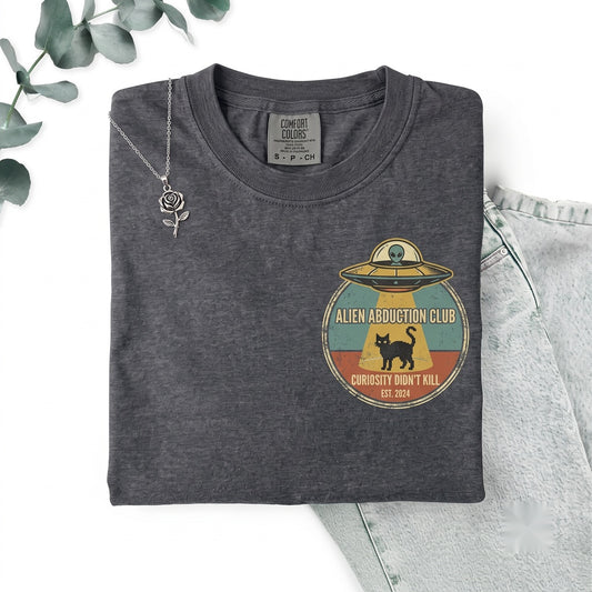Alien UFO Spaceship Cat Abduction Embroidered Graphic Funny Vintage Unisex TShirt