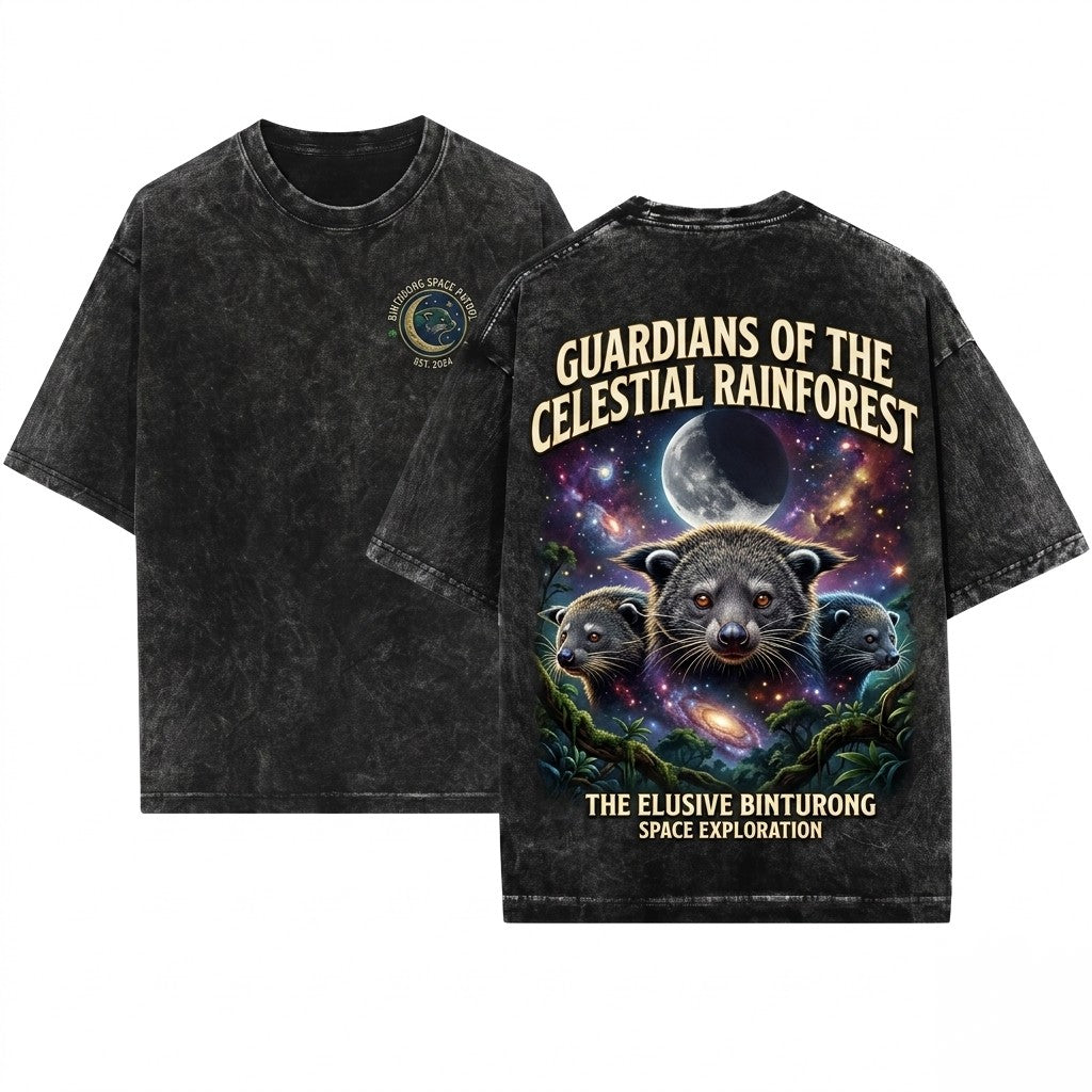 Three Binturong Bearcat Moon Retro Funny Jungle Wildlife Graphic Oversized Gift Unisex Wash T-Shirt