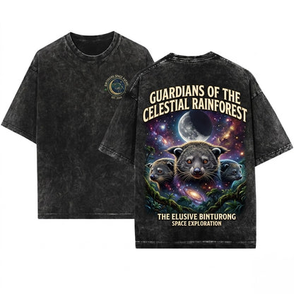 Three Binturong Bearcat Moon Retro Funny Jungle Wildlife Graphic Oversized Gift Unisex Wash T-Shirt