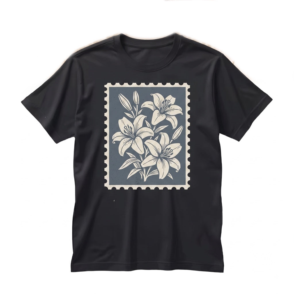 Vintage Botanical Lily Floral Graphic Stamp Postal Illustration Unisex TShirt