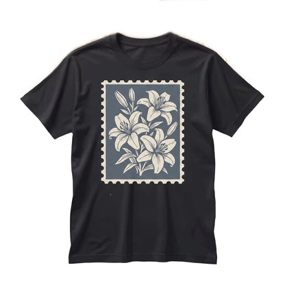 Vintage Botanical Lily Floral Graphic Stamp Postal Illustration Unisex TShirt