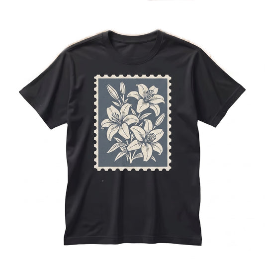 Vintage Botanical Lily Floral Graphic Stamp Postal Illustration Unisex TShirt