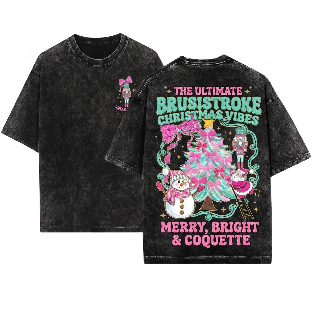 Glitter Pink Gingerbread Snowman Santa Nutcracker Coquette Tree Candy Christmas PNG Bundle Graphic Unisex Wash T-Shirt