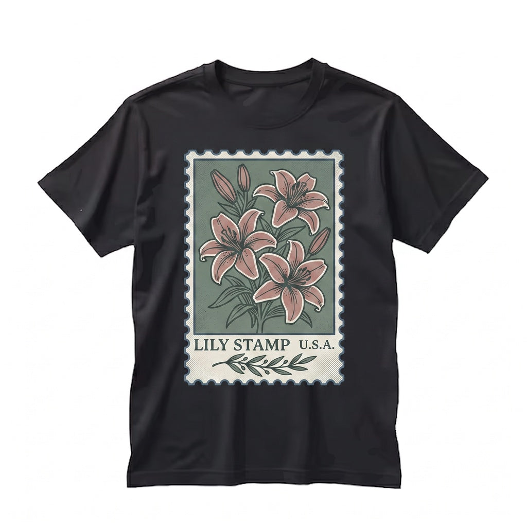 Vintage Botanical Lily Floral Graphic Stamp Postal Illustration Unisex TShirt