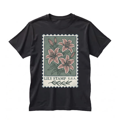 Vintage Botanical Lily Floral Graphic Stamp Postal Illustration Unisex TShirt