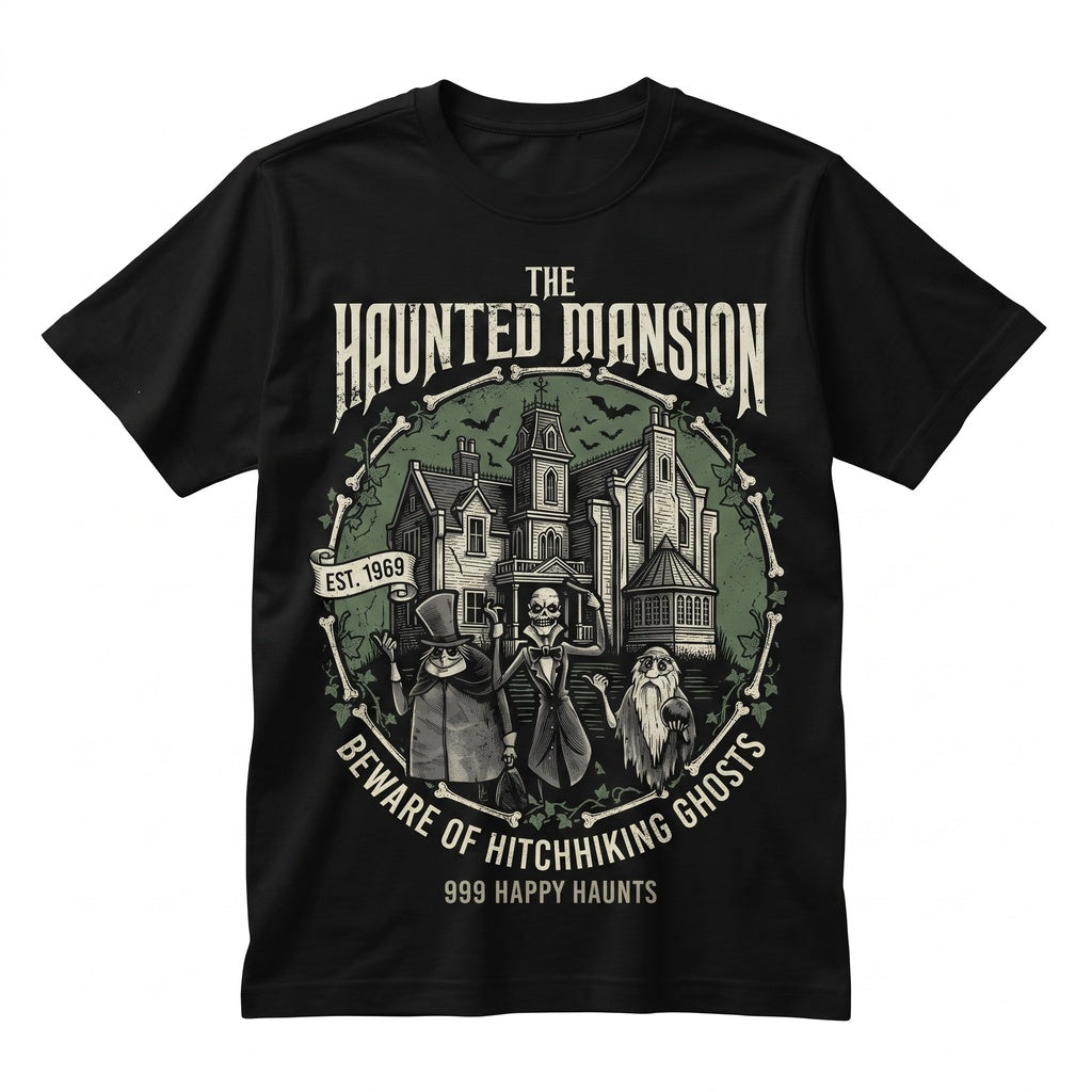 Retro Vintage Spooky House Welcome Foolish Mortals Hitchhiking Phantom Madam Leota Halloween Graphic Top Unisex TShirt