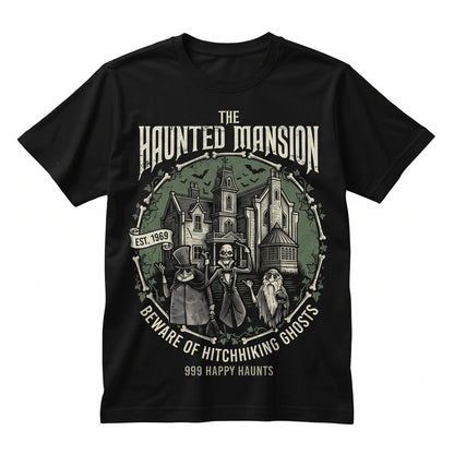 Retro Vintage Spooky House Welcome Foolish Mortals Hitchhiking Phantom Madam Leota Halloween Graphic Top Unisex TShirt