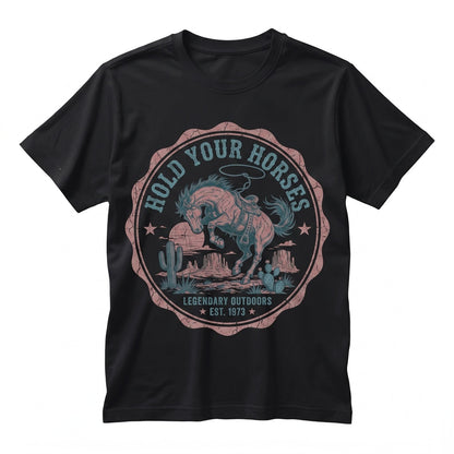 Hold Your Horses Trendy Cowgirl Graphic Funny Retro Western Country Concert Oversized Unisex TShirt