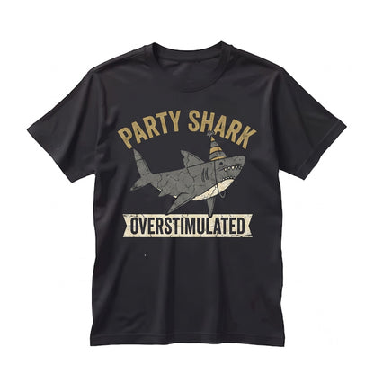 Embroidered Overstimulated Party Hat Shark Funny Weirdcore Neurodivergent Ocean Summer Vibes Unisex TShirt