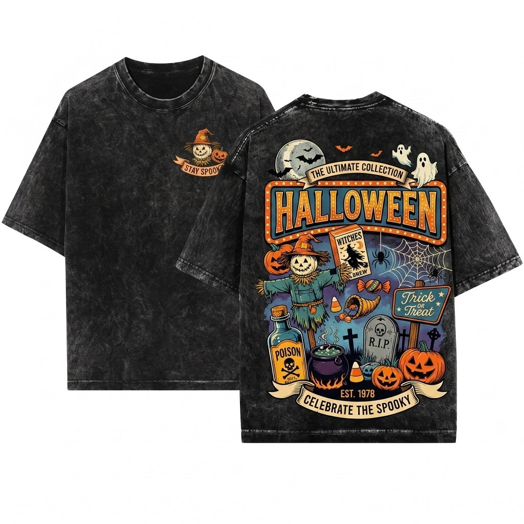 Vintage Halloween Pumpkin Ghost Trick or Treat Doodles Unisex Wash T-Shirt