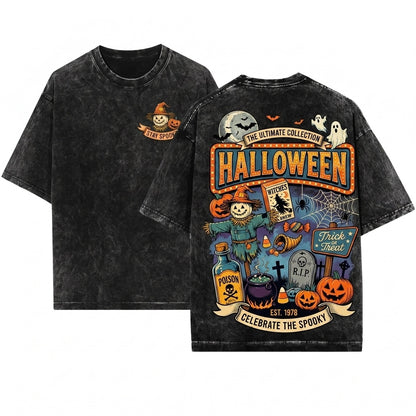 Vintage Halloween Pumpkin Ghost Trick or Treat Doodles Unisex Wash T-Shirt