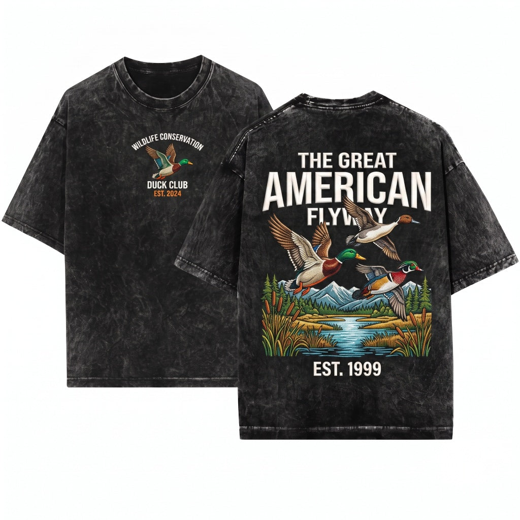 Vintage Flying Mallard Ducks Embroidered Nature Duck Hunting Outdoors Camping Hunter Gift Unisex Wash T-Shirt