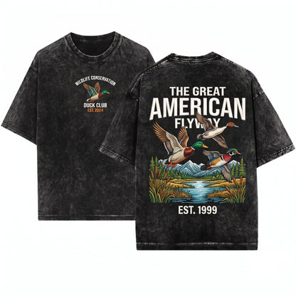 Vintage Flying Mallard Ducks Embroidered Nature Duck Hunting Outdoors Camping Hunter Gift Unisex Wash T-Shirt
