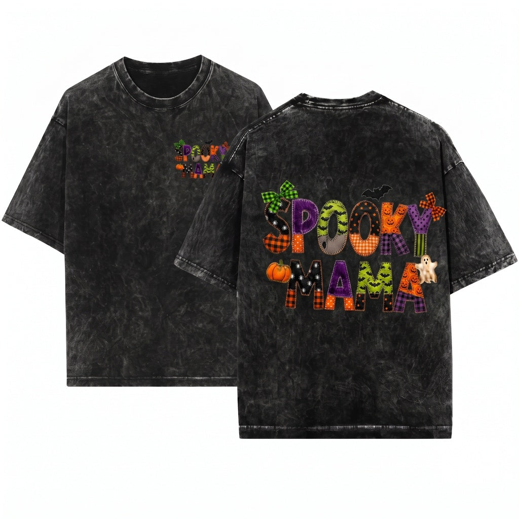 Faux Patchwork Spooky Mama Plaid Halloween Quilt Letter Pumpkin Ghost Fall Graphic Unisex Wash T-Shirt
