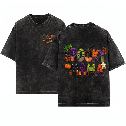 Faux Patchwork Spooky Mama Plaid Halloween Quilt Letter Pumpkin Ghost Fall Graphic Unisex Wash T-Shirt