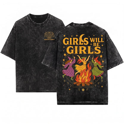 Girls Will Be Retro Dancing Witch Bonfire Spooky Halloween Comfort Colors Unisex Wash T-Shirt