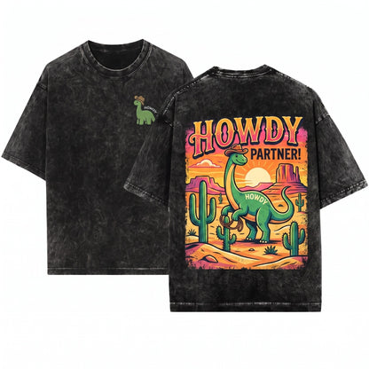 Howdy Embroidered Funny Western Cute Country Gift Dinosaur Unisex Wash T-Shirt
