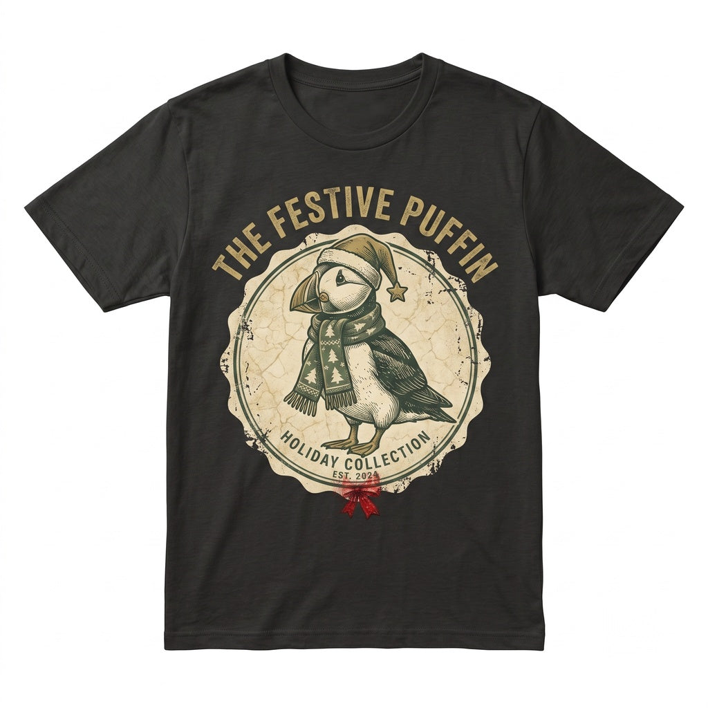 Festive Vintage Christmas Holiday Graphic Three Puffins Bird Lover Gift Unisex TShirt