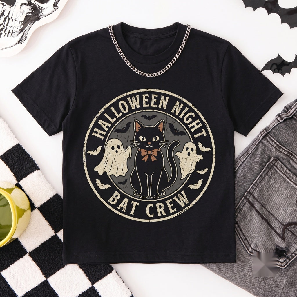 Cute Ghost Black Cat Halloween Pumpkin Bats Night Playful Spooky Aesthetic Gift Unisex TShirt
