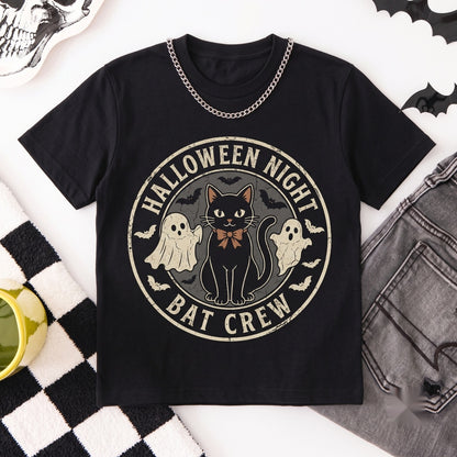 Cute Ghost Black Cat Halloween Pumpkin Bats Night Playful Spooky Aesthetic Gift Unisex TShirt
