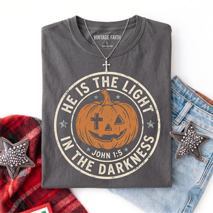 He is the Light in Darkness Pumpkin Season Bible Verse Thanksgiving Halloween Gifts Long Sleeve Unisex TShirt
