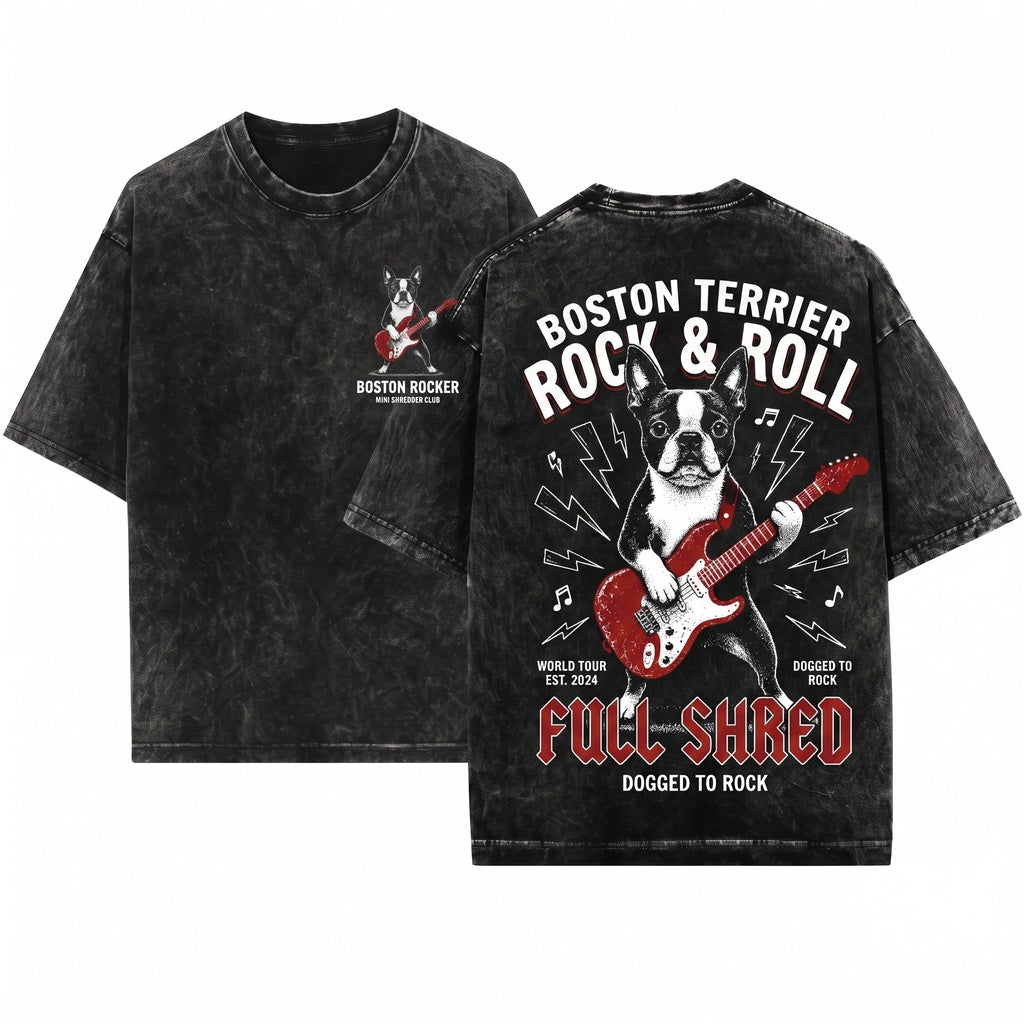 Boston Terrier Guitar Rocker Dog Music Lover Funny Gift Mom Dad Unisex Wash T-Shirt