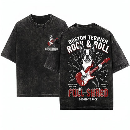 Boston Terrier Guitar Rocker Dog Music Lover Funny Gift Mom Dad Unisex Wash T-Shirt