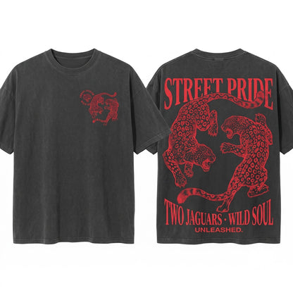 Vintage Leopard Fighting Graphic Engraved Wild Cat Retro Jungle Animal Gift Unisex Wash T-Shirt
