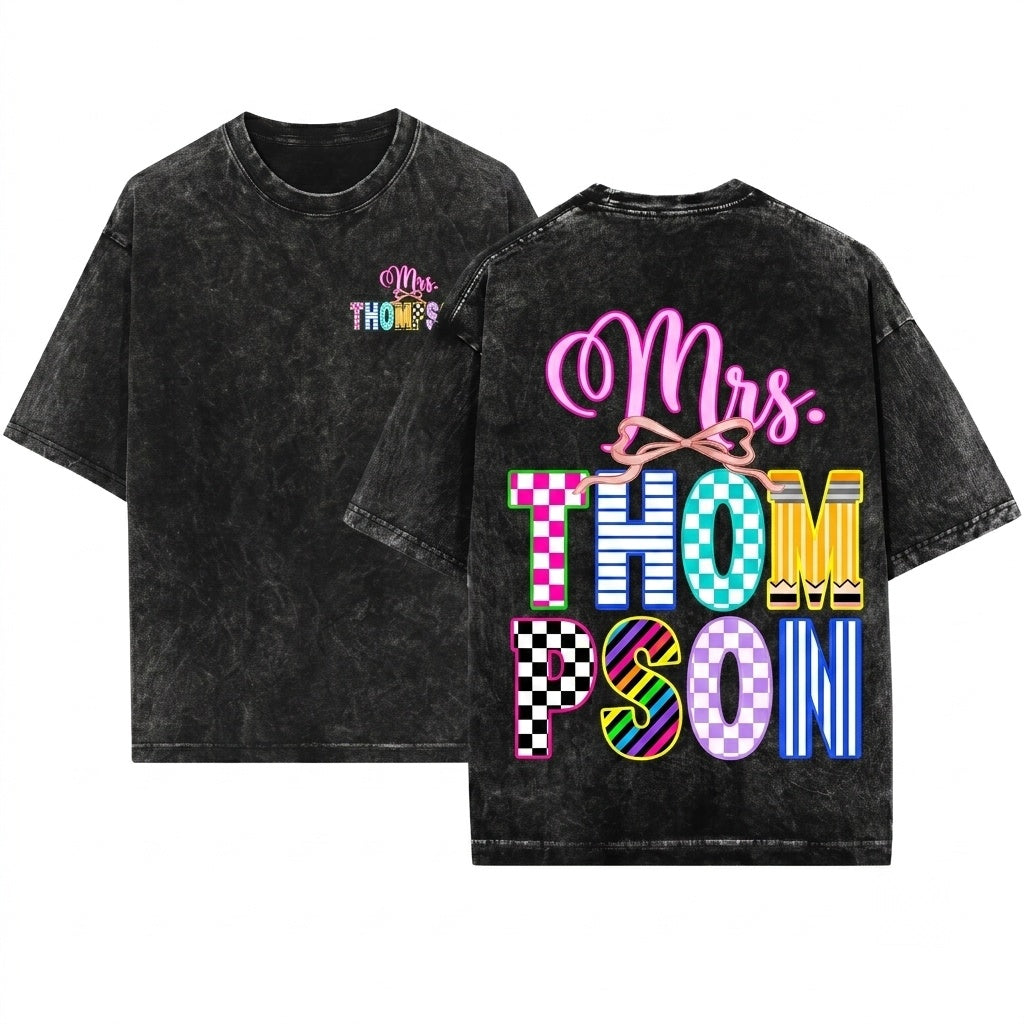 Customized Personalized Name Preppy Coquette Teacher Bow Back To School Graphic Unisex Wash T-Shirt