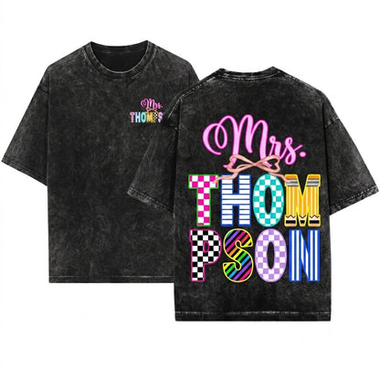 Customized Personalized Name Preppy Coquette Teacher Bow Back To School Graphic Unisex Wash T-Shirt