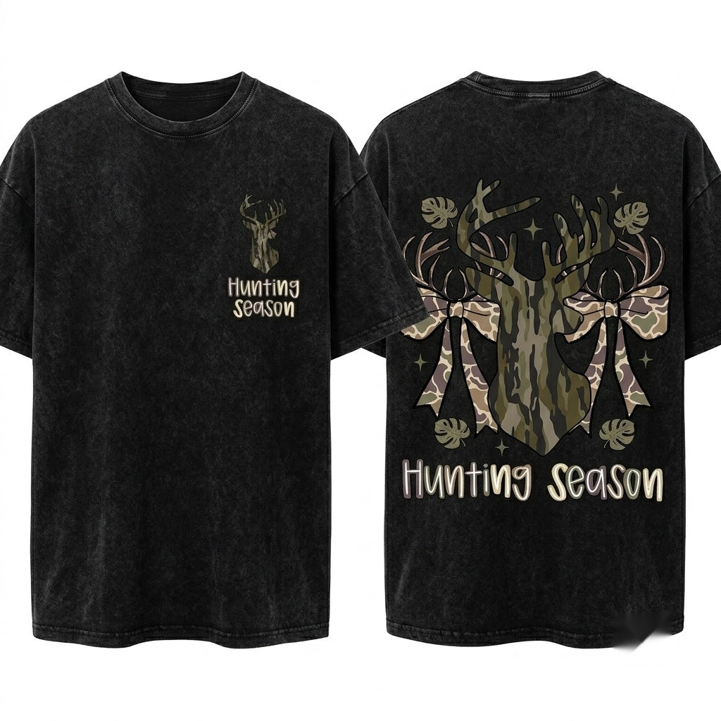 Preppy Hunting Season Deer Camo Bow Distressed Coquette Hunter Girl Fall Unisex Wash T-Shirt