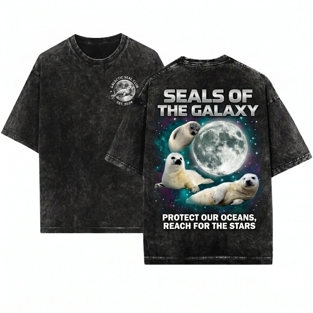 Three Baby Seal Retro Vintage Graphic Moon Cute Sea Dog Lovers Adult Gift Unisex Wash T-Shirt