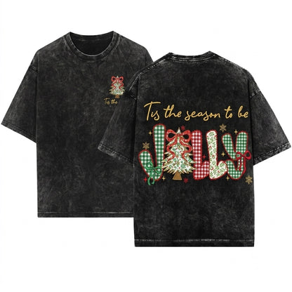Lace Floral Holly Retro Funny Christmas Tis The Season To Be Jolly PNG Graphic Unisex Wash T-Shirt