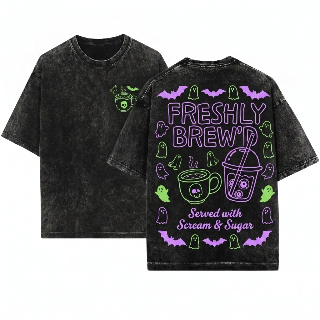 Cute Spooky Season Skeleton Ghost Pumpkin Spice Freshly Bood Halloween Coffee Lover Gift Unisex Wash T-Shirt