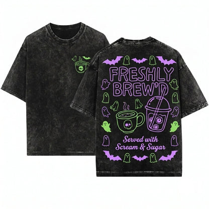 Cute Spooky Season Skeleton Ghost Pumpkin Spice Freshly Bood Halloween Coffee Lover Gift Unisex Wash T-Shirt