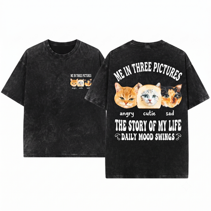 Me in Three Pictures Cat Funny Mood Graphic Tee - Emotional Meme Kitten Mom Dad Gift - Unisex Heavyweight Garment-Dyed T-Shirt