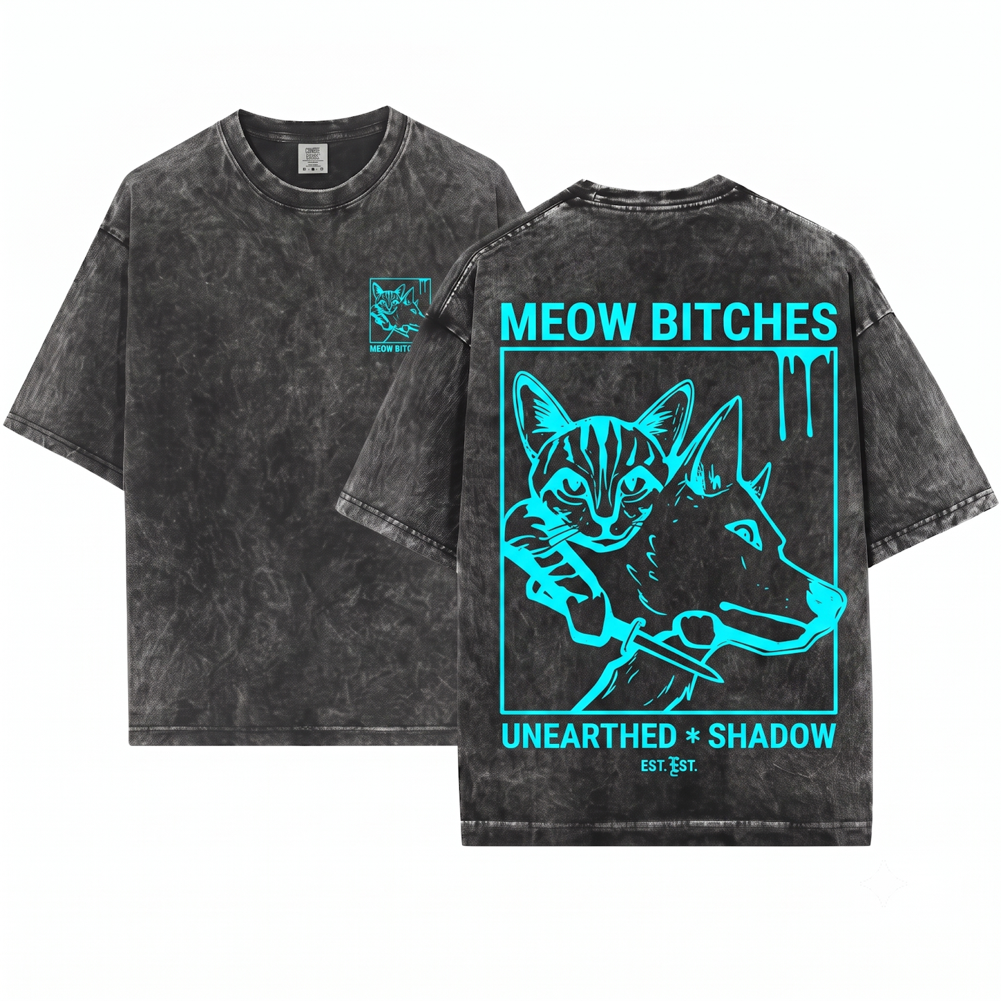 Funny Meow Bitches Cat with Knife Graphic Tee Sarcastic Dark Humor Pet Lover Apparel Edgy Cat Owner Gift Unisex Heavyweight Garment-Dyed T-Shirt