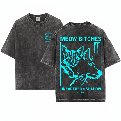Funny Meow Bitches Cat with Knife Graphic Tee Sarcastic Dark Humor Pet Lover Apparel Edgy Cat Owner Gift Unisex Heavyweight Garment-Dyed T-Shirt