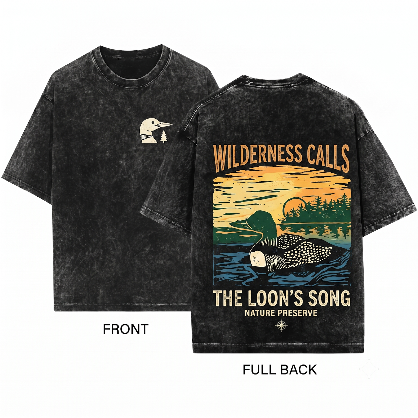 Common Loon Linocut Graphic Tee - Scenic Lake Nature Art Wildlife Bird Lover Gift Unisex Heavyweight Garment-Dyed T-Shirt