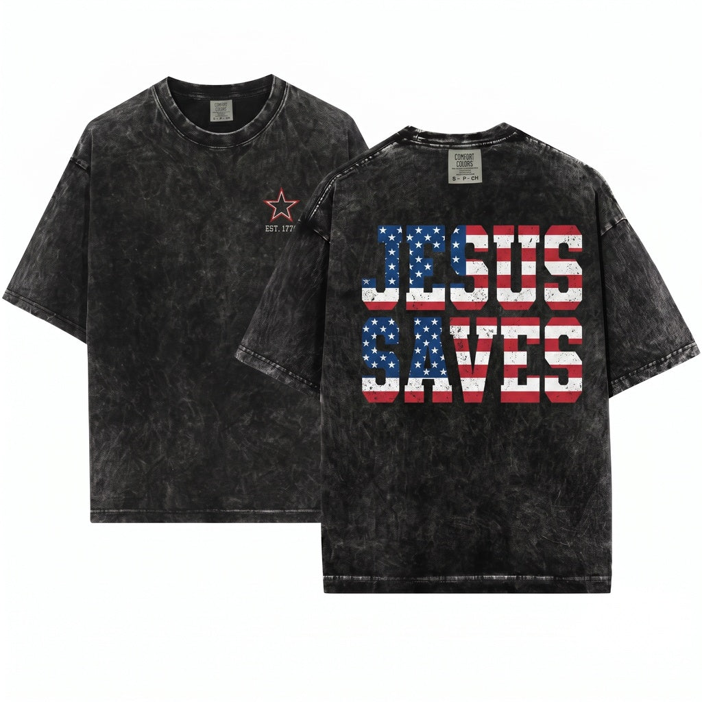 Jesus Saves Christian Patriotic USA Fourth Of July Faith Graphic Religious Unisex Wash T-Shirt
