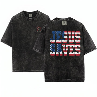 Jesus Saves Christian Patriotic USA Fourth Of July Faith Graphic Religious Unisex Wash T-Shirt