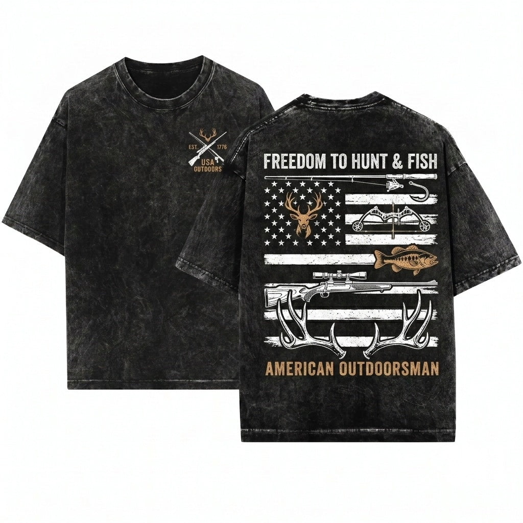 American Flag USA Outdoor Hunting Fishing Hunter Fisher Lover Gift Unisex Wash T-Shirt