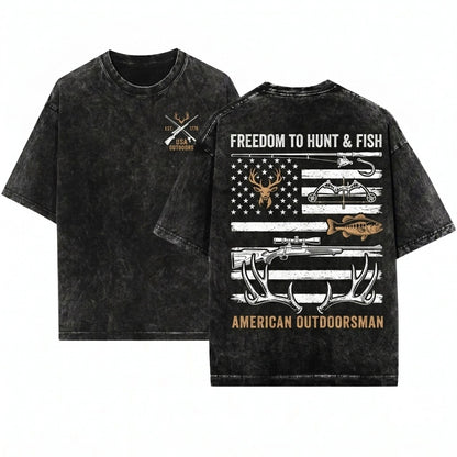 American Flag USA Outdoor Hunting Fishing Hunter Fisher Lover Gift Unisex Wash T-Shirt