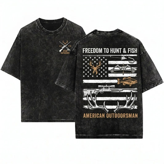 American Flag USA Outdoor Hunting Fishing Hunter Fisher Lover Gift Unisex Wash T-Shirt